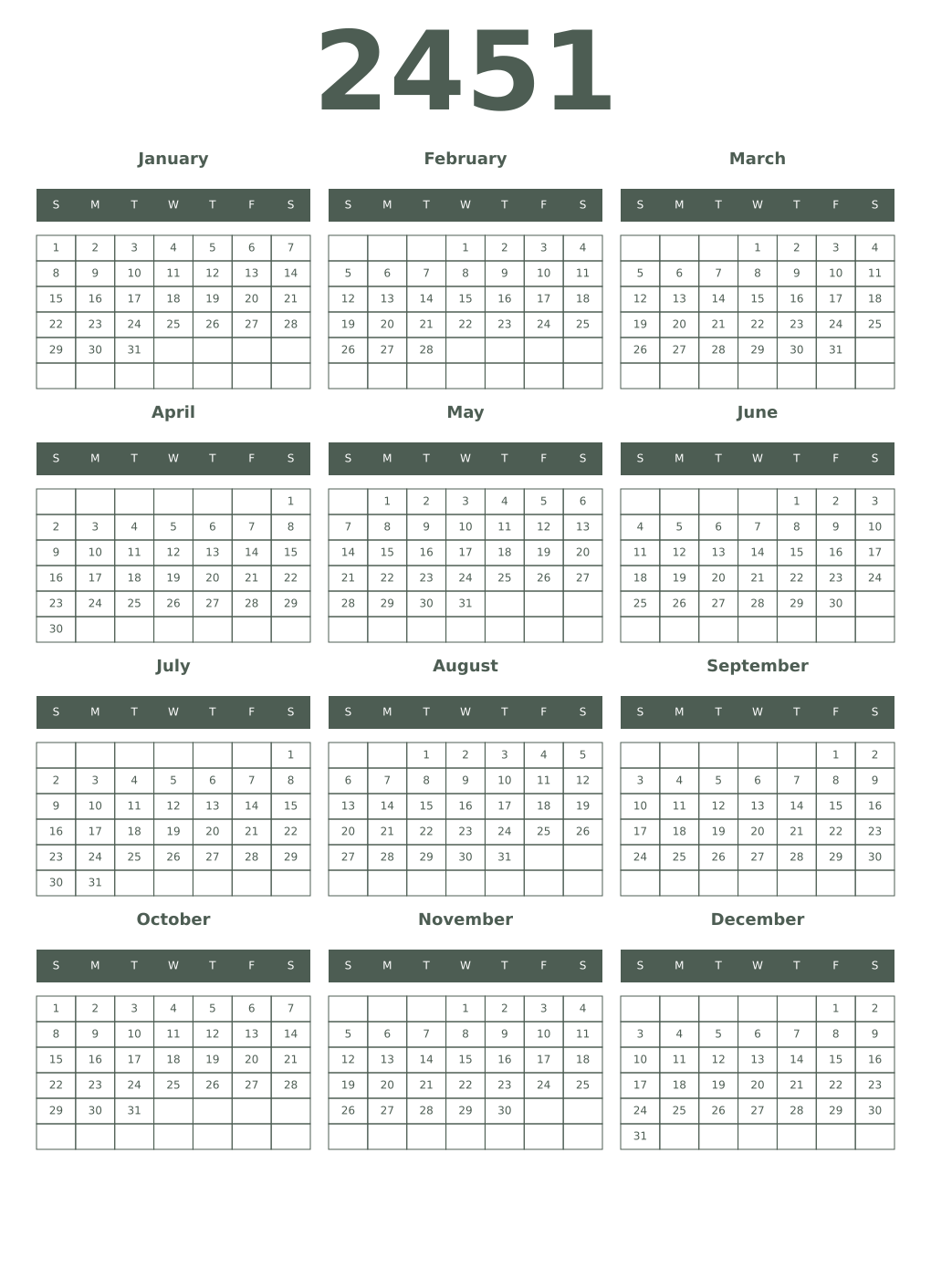 Printable 2451 Year Calendars feldgrau