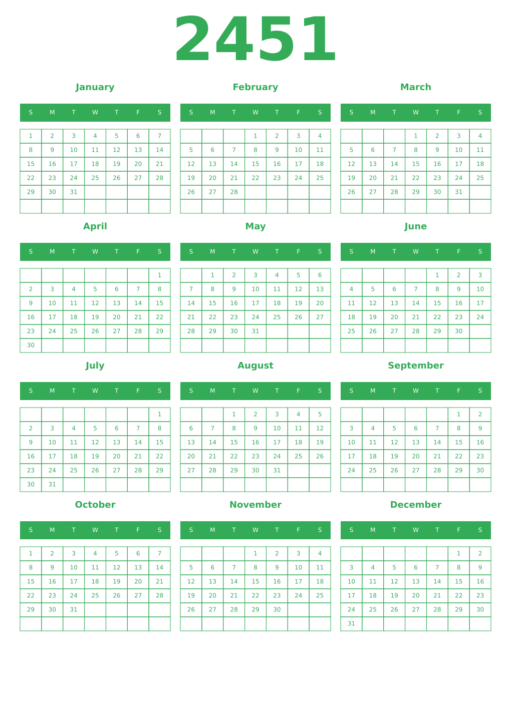 Printable 2451 Year Calendars green