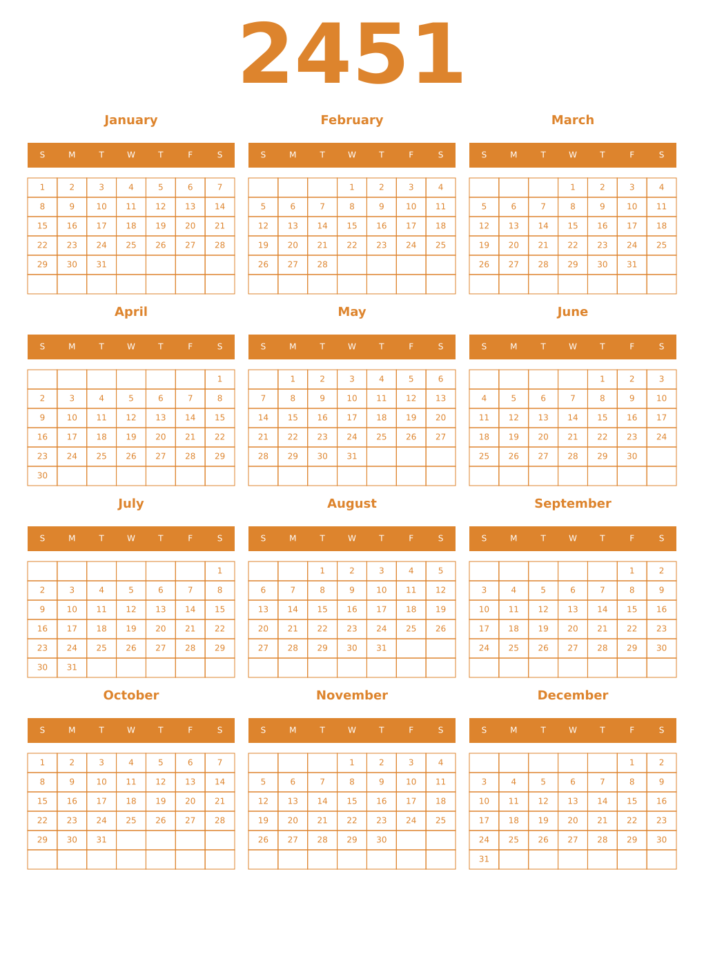 Printable 2451 Year Calendars orange
