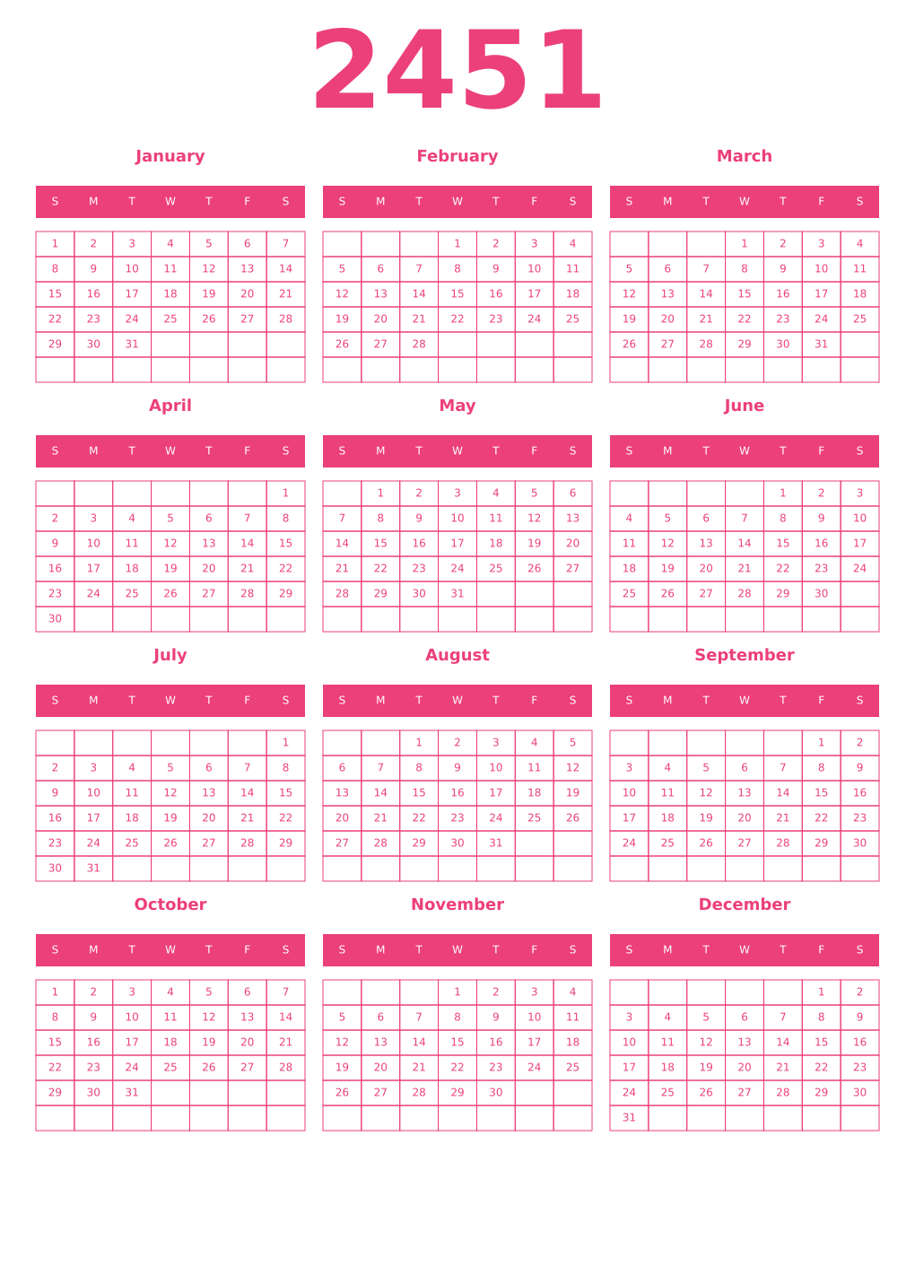 Printable 2451 Year Calendars pink