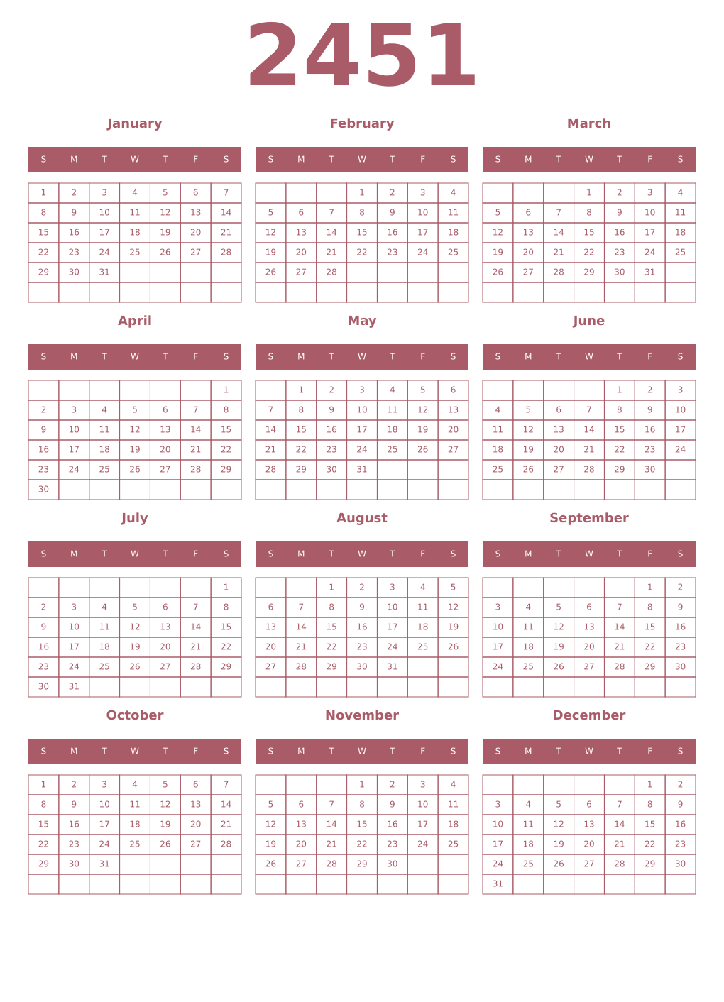 Printable 2451 Year Calendars puce
