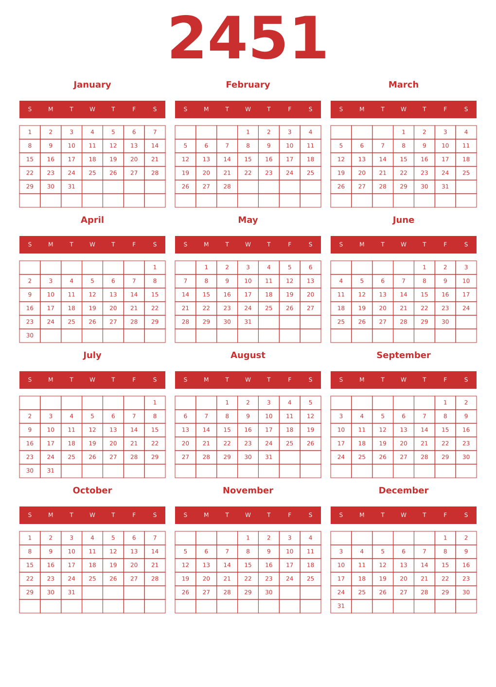 Printable 2451 Year Calendars red