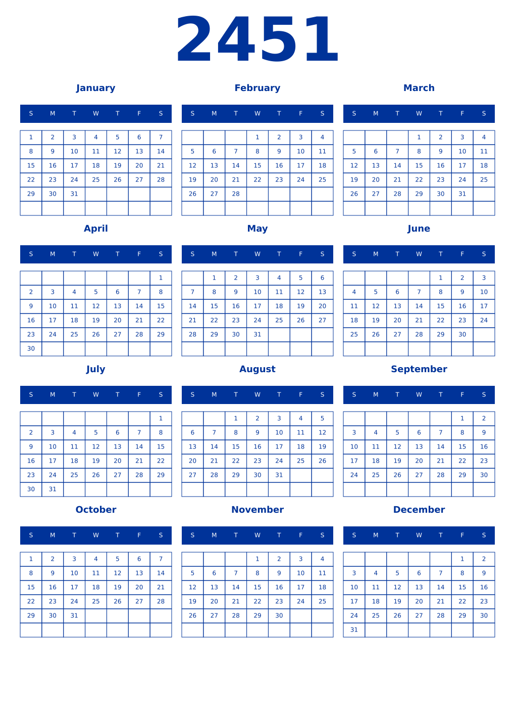 Printable 2451 Year Calendars smalt