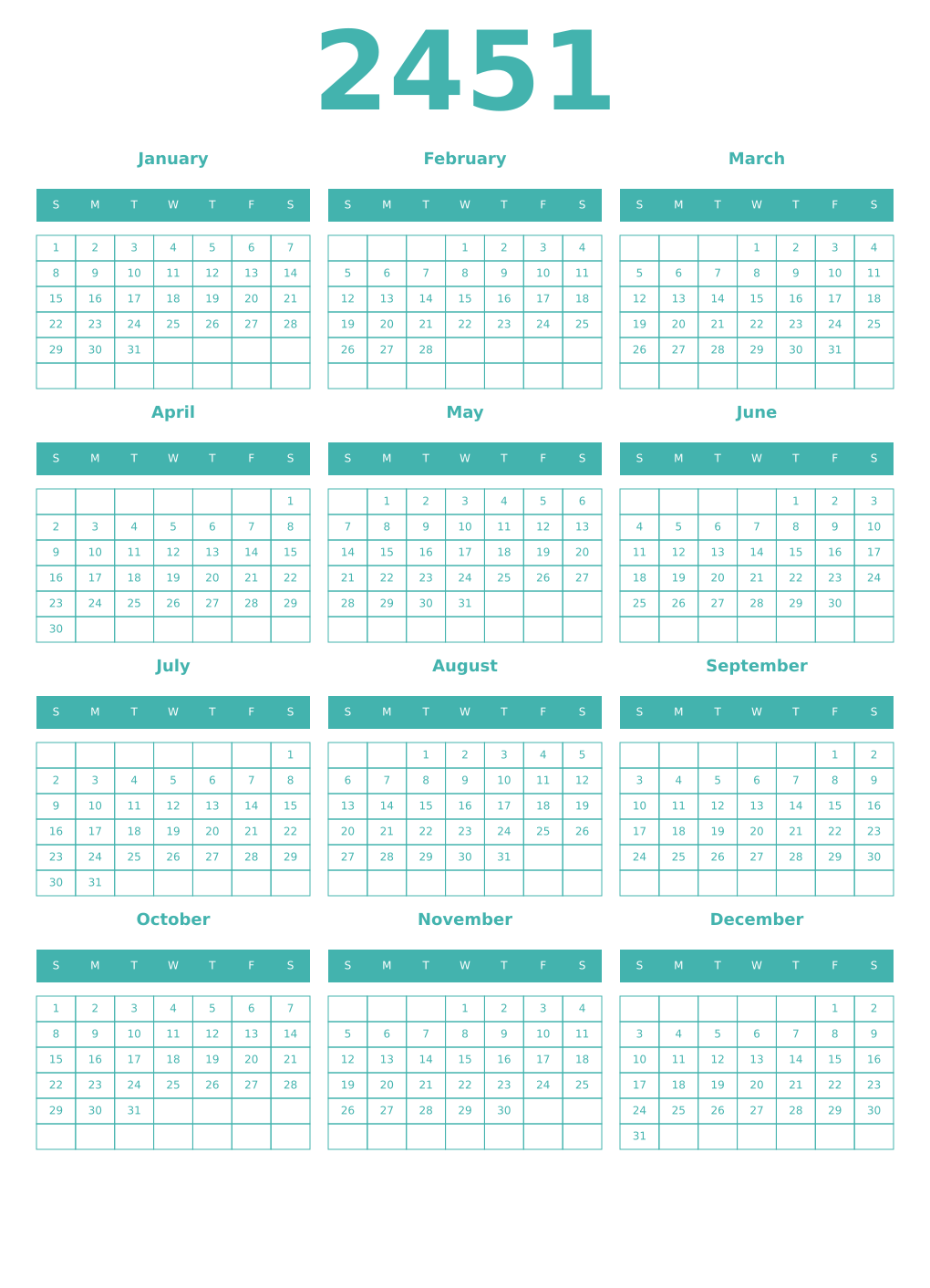 Printable 2451 Year Calendars verdigris