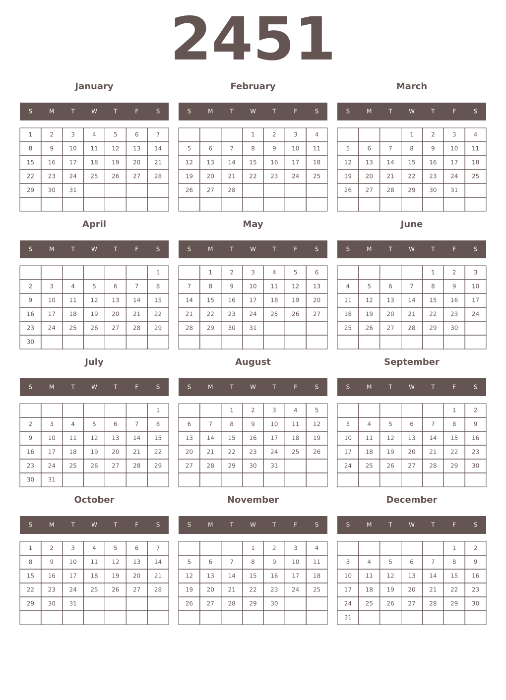 Printable 2451 Year Calendars wenge