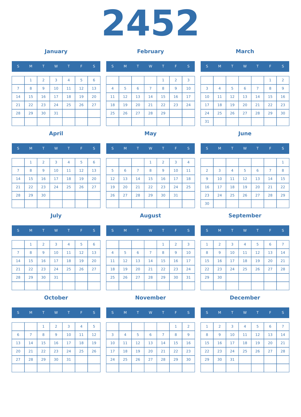 Printable 2452 Year Calendars blue