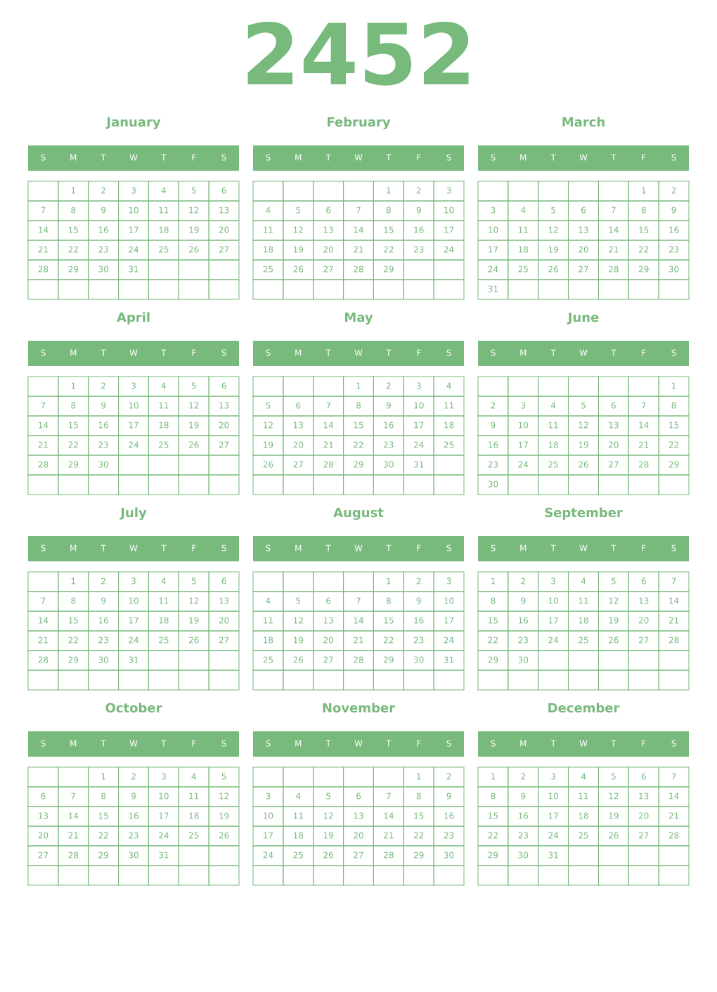 Printable 2452 Year Calendars celadon
