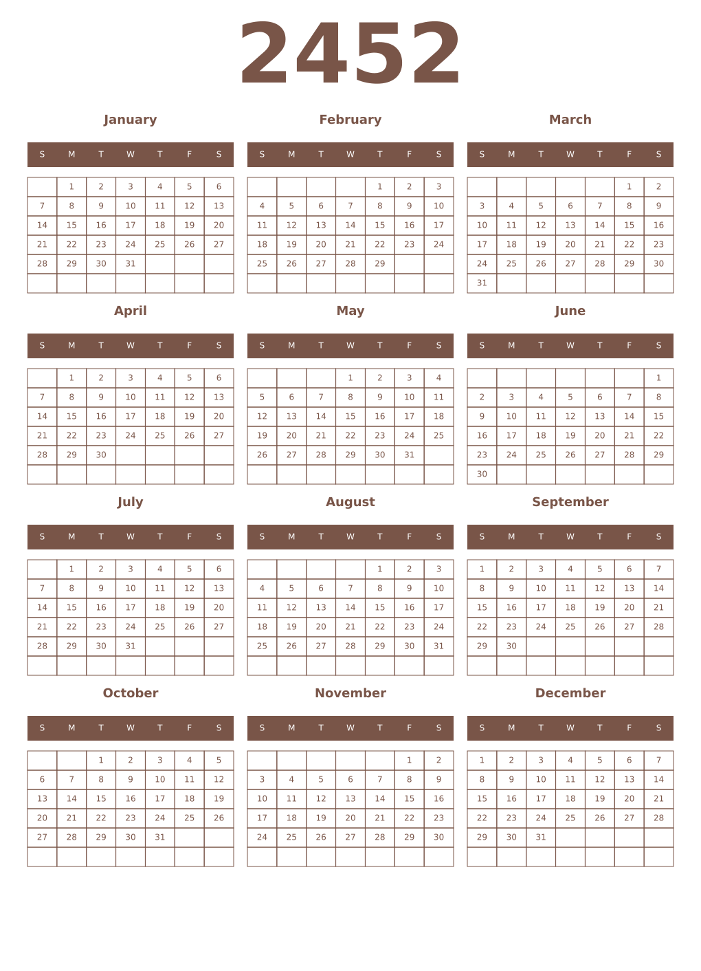 Printable 2452 Year Calendars coffe