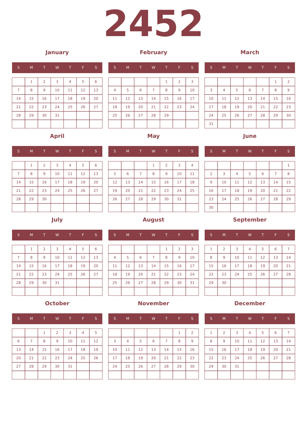 Printable 2452 Year Calendars cordovan