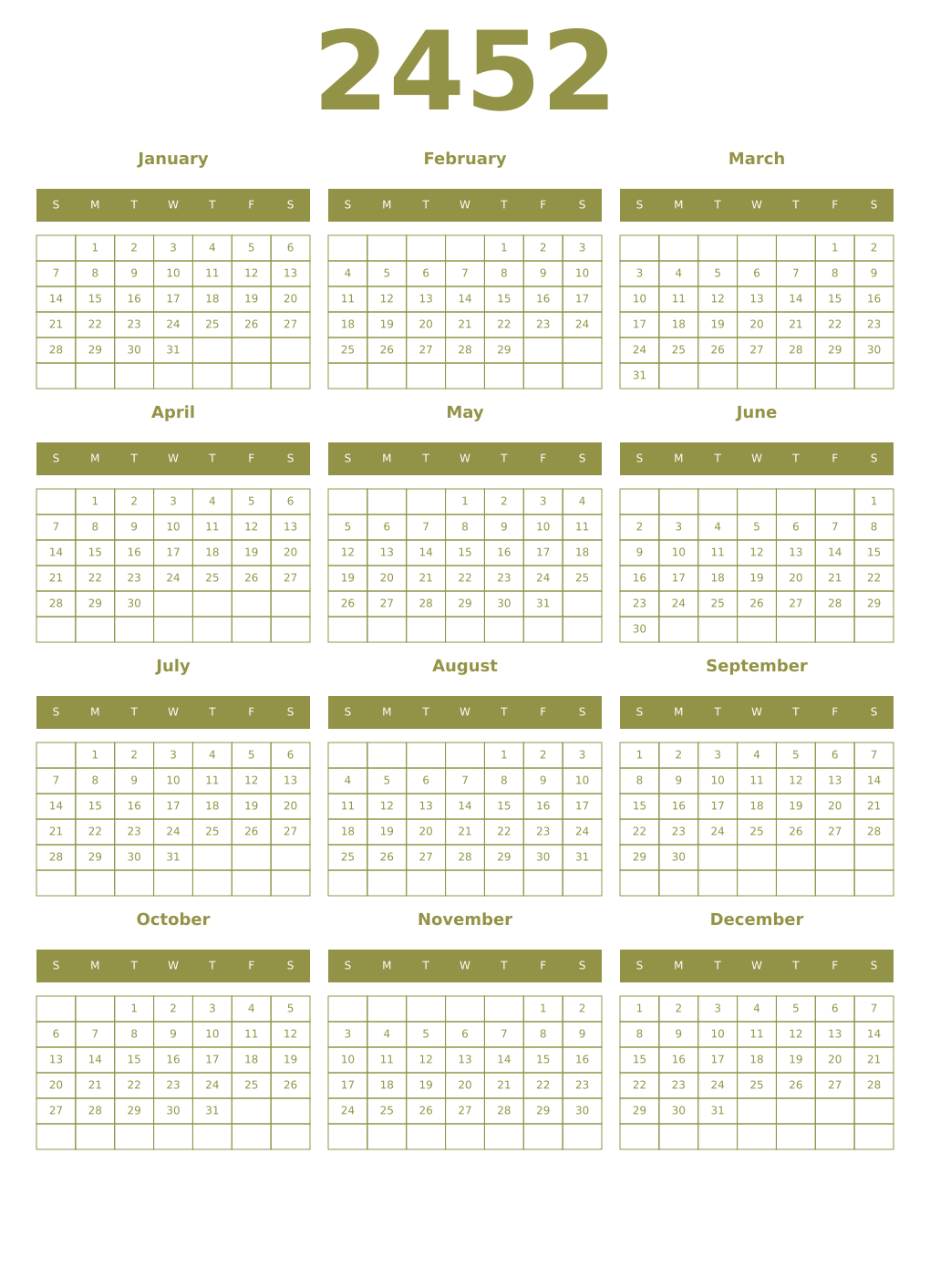 Printable 2452 Year Calendars eburnean