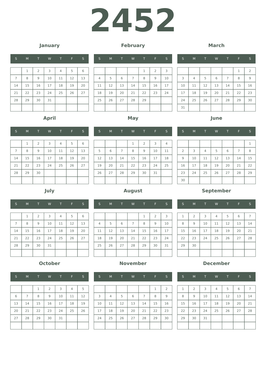 Printable 2452 Year Calendars feldgrau