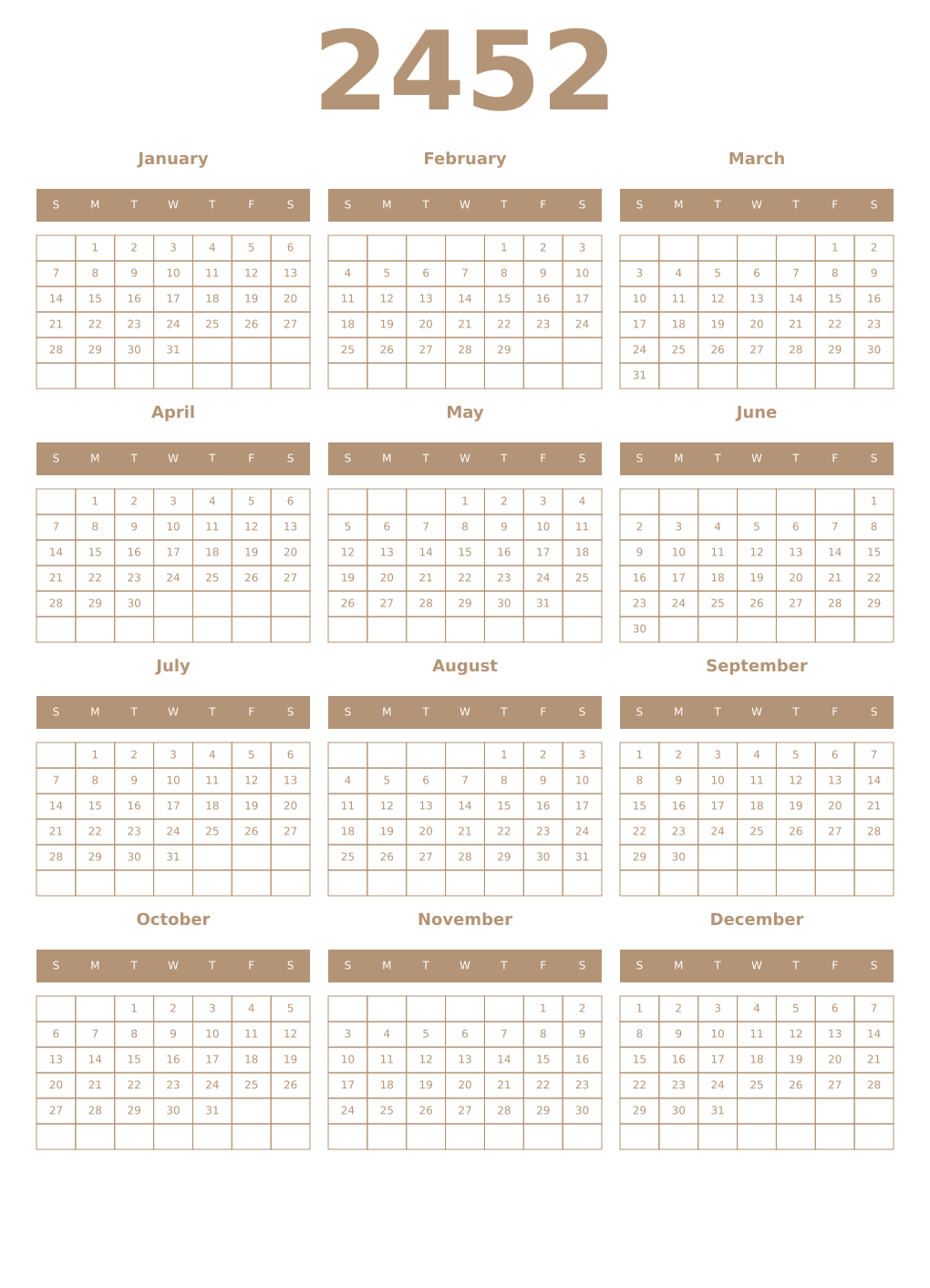 Printable 2452 Year Calendars isabelline