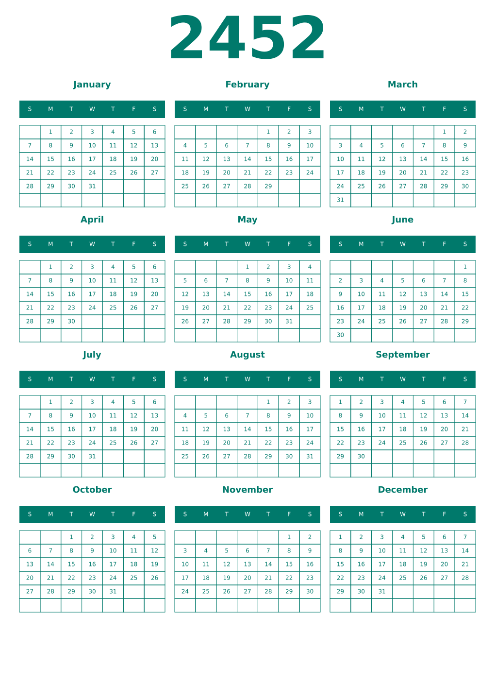 Printable 2452 Year Calendars pastel