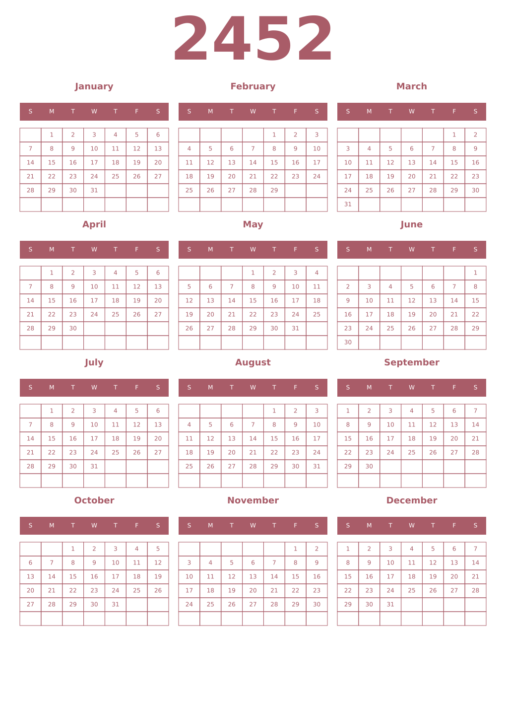 Printable 2452 Year Calendars puce