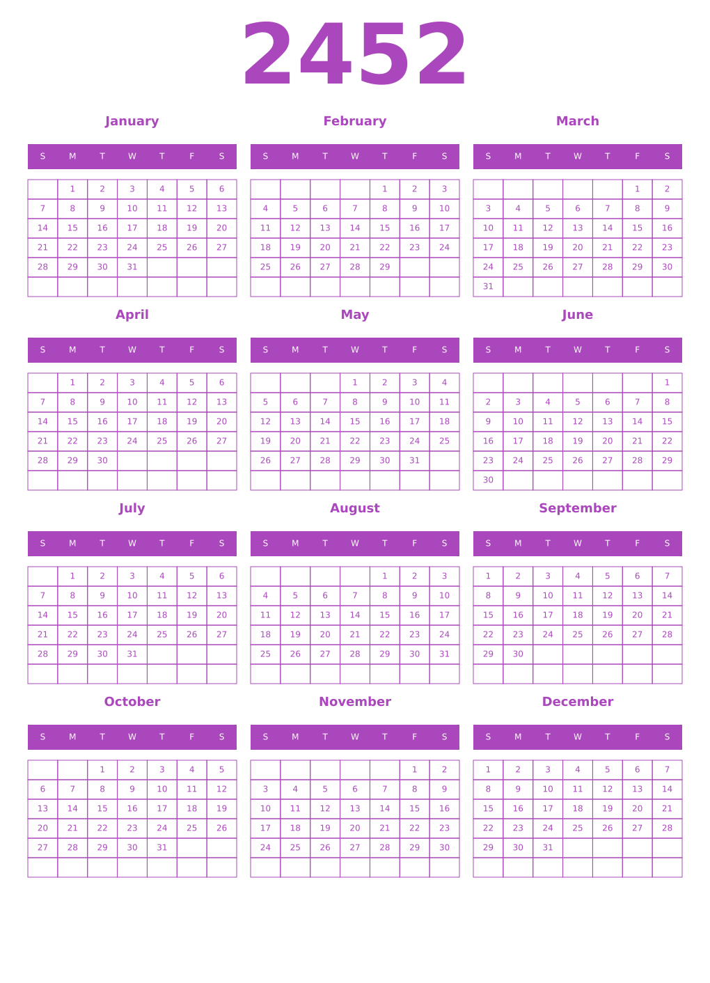 Printable 2452 Year Calendars purple