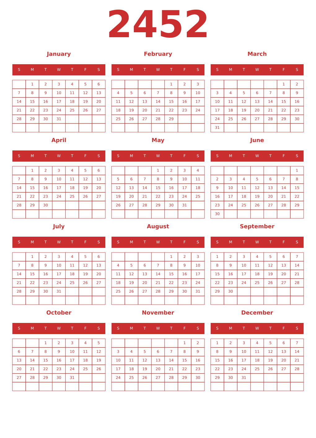 Printable 2452 Year Calendars red