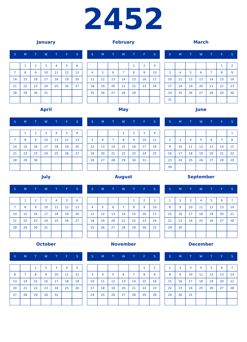 Printable 2452 Year Calendars smalt