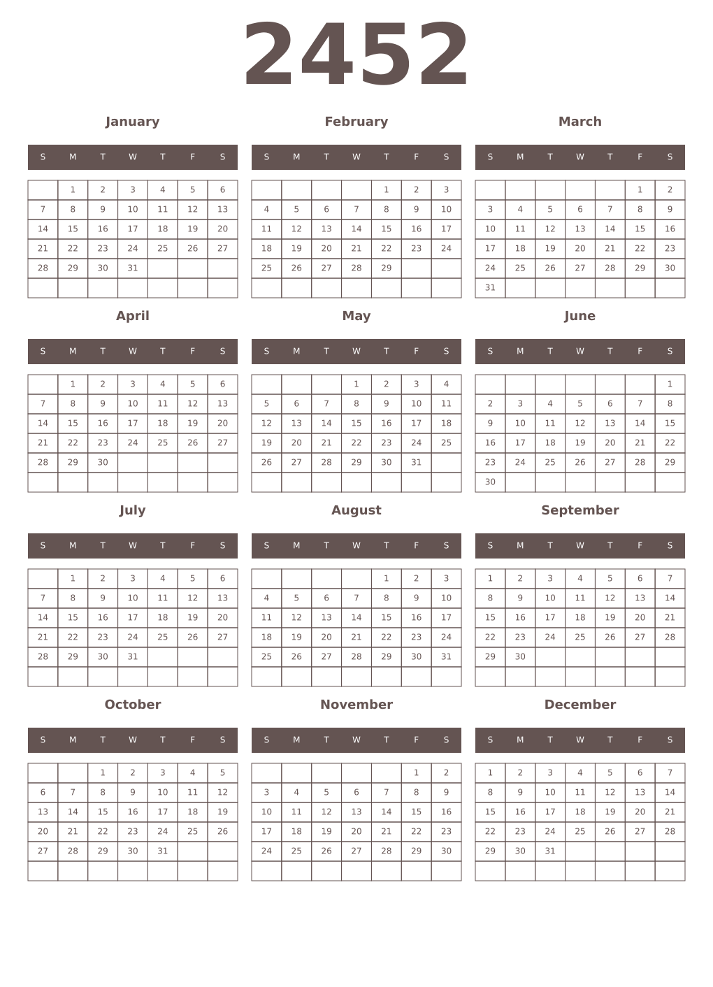 Printable 2452 Year Calendars wenge
