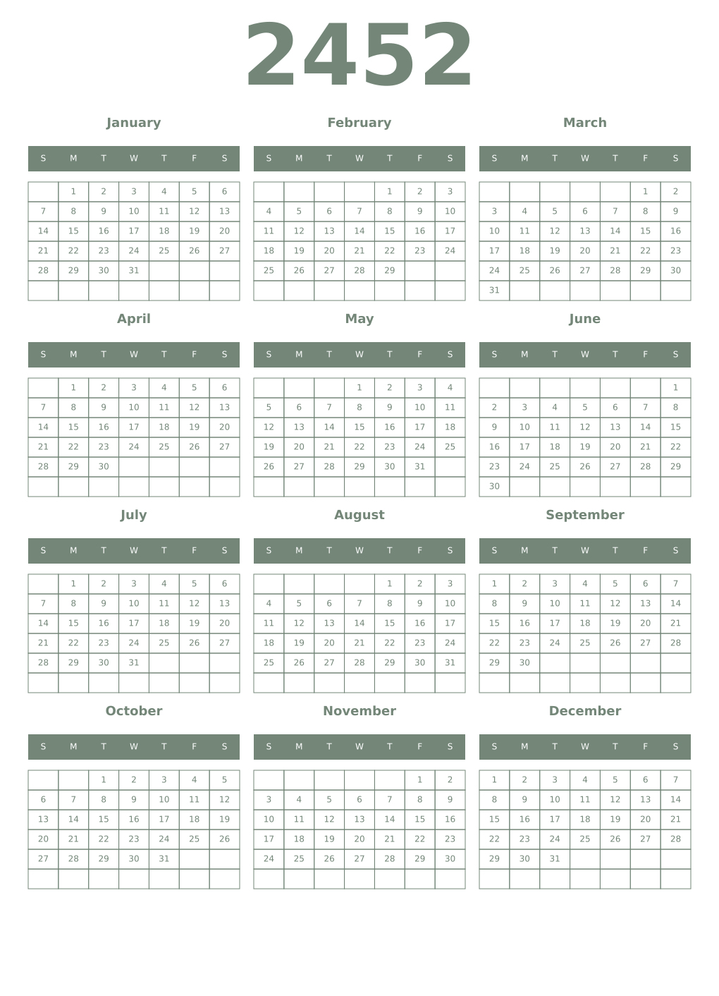 Printable 2452 Year Calendars xanadu
