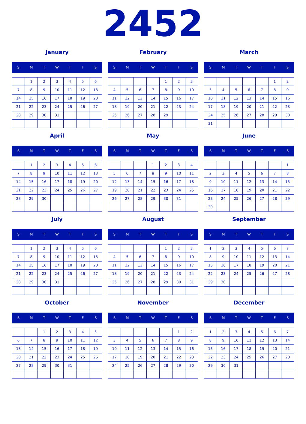 Printable 2452 Year Calendars zaffre