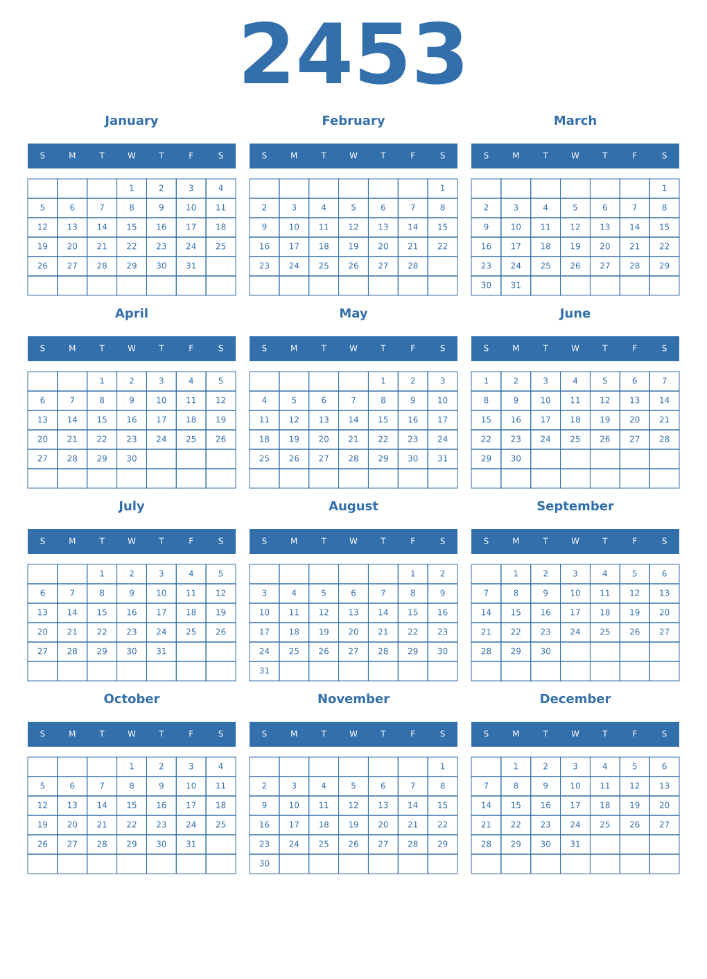 Printable 2453 Year Calendars blue