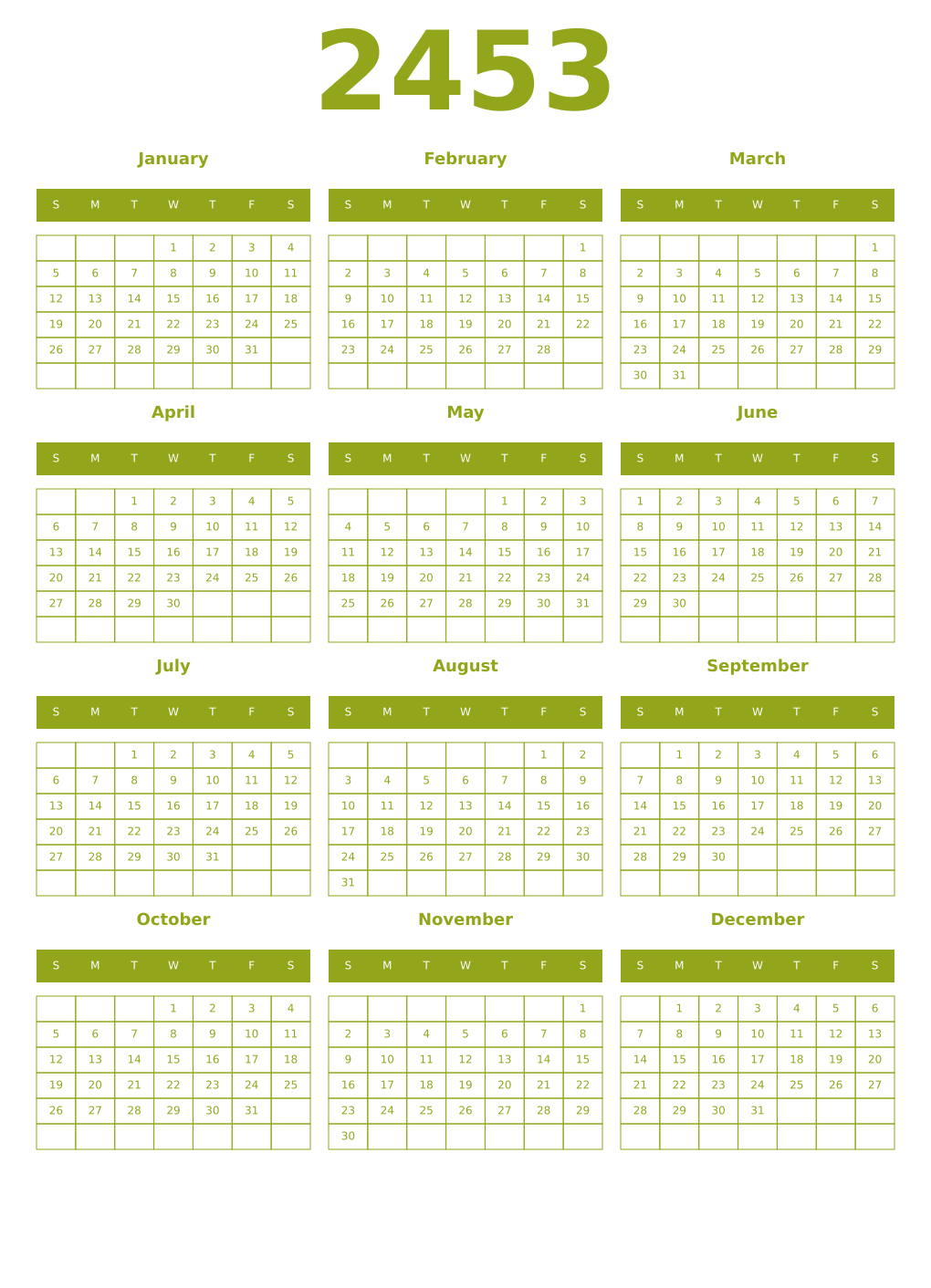 Printable 2453 Year Calendars chartreuse