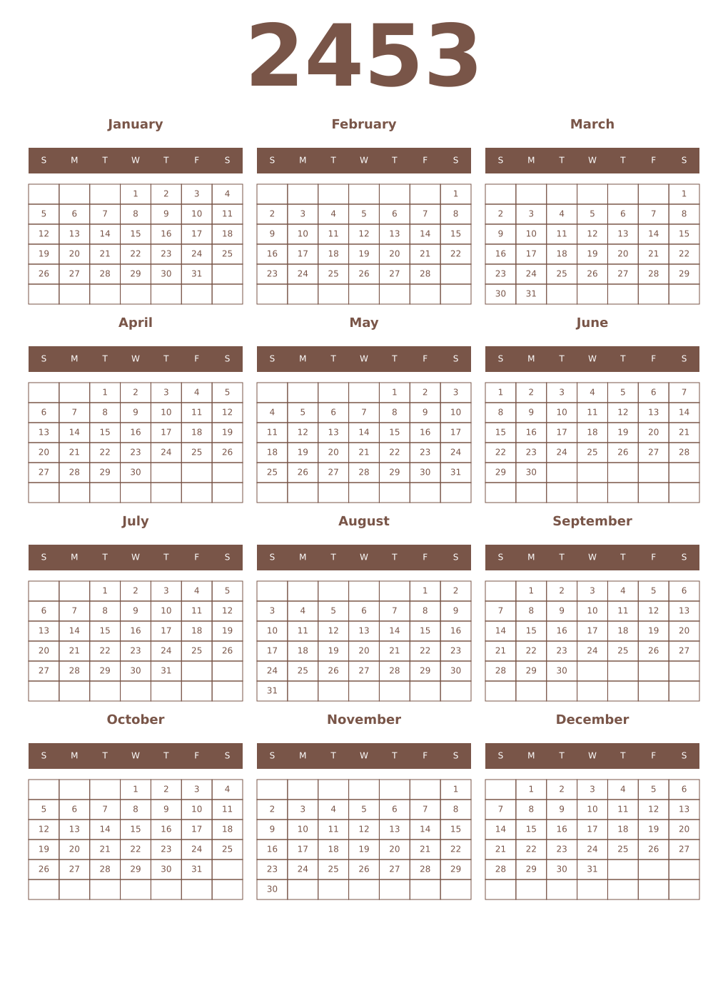 Printable 2453 Year Calendars coffe