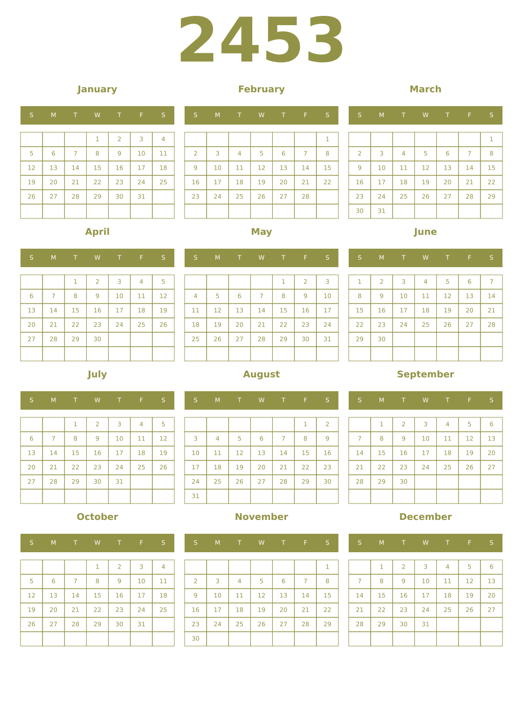 Printable 2453 Year Calendars eburnean