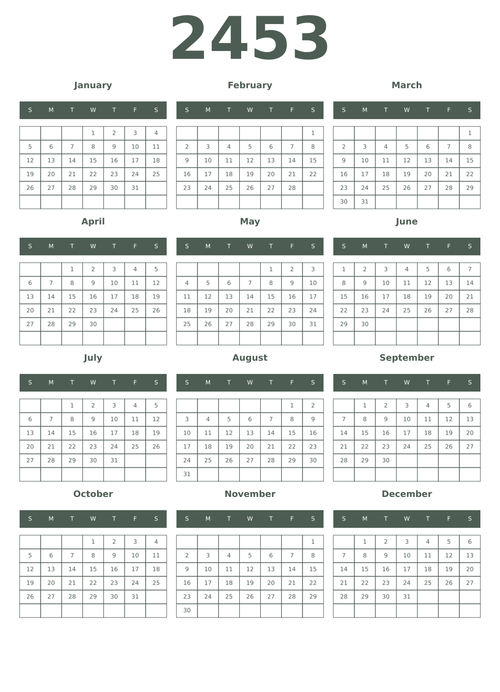 Printable 2453 Year Calendars feldgrau