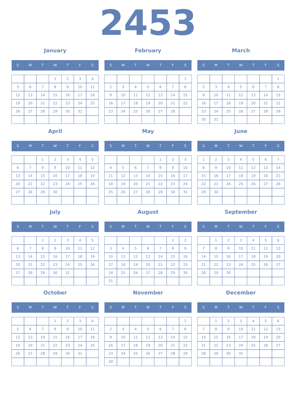 Printable 2453 Year Calendars glaucous