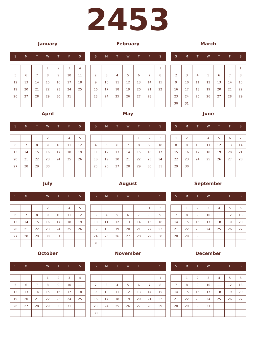 Printable 2453 Year Calendars mortuum