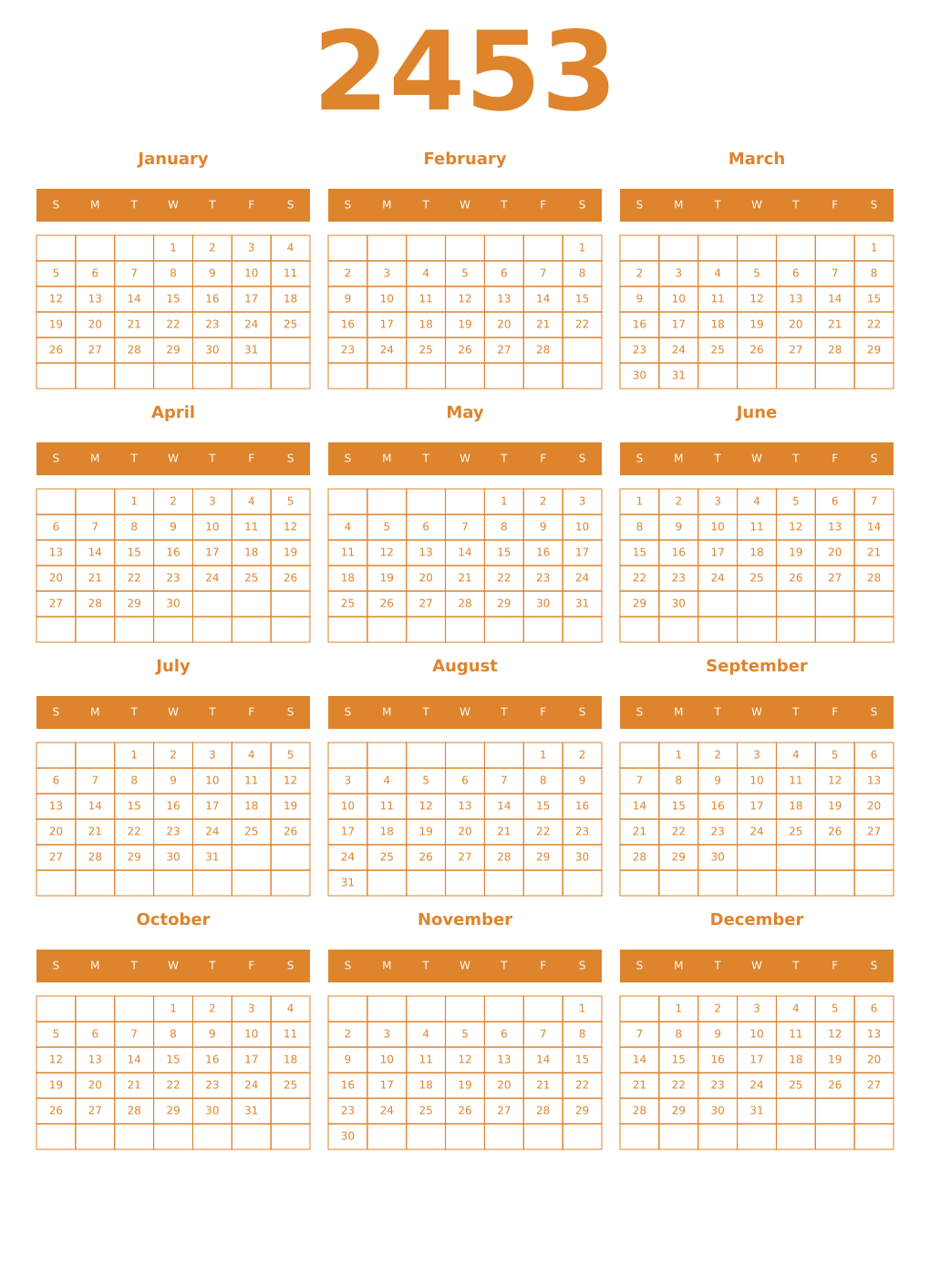 Printable 2453 Year Calendars orange
