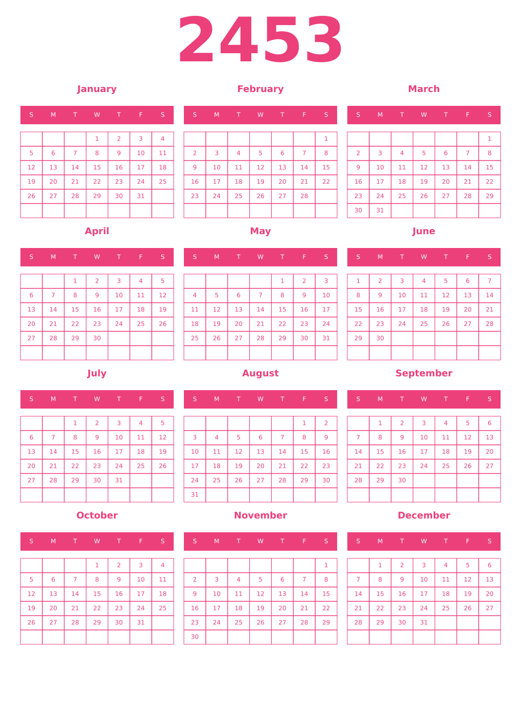Printable 2453 Year Calendars pink