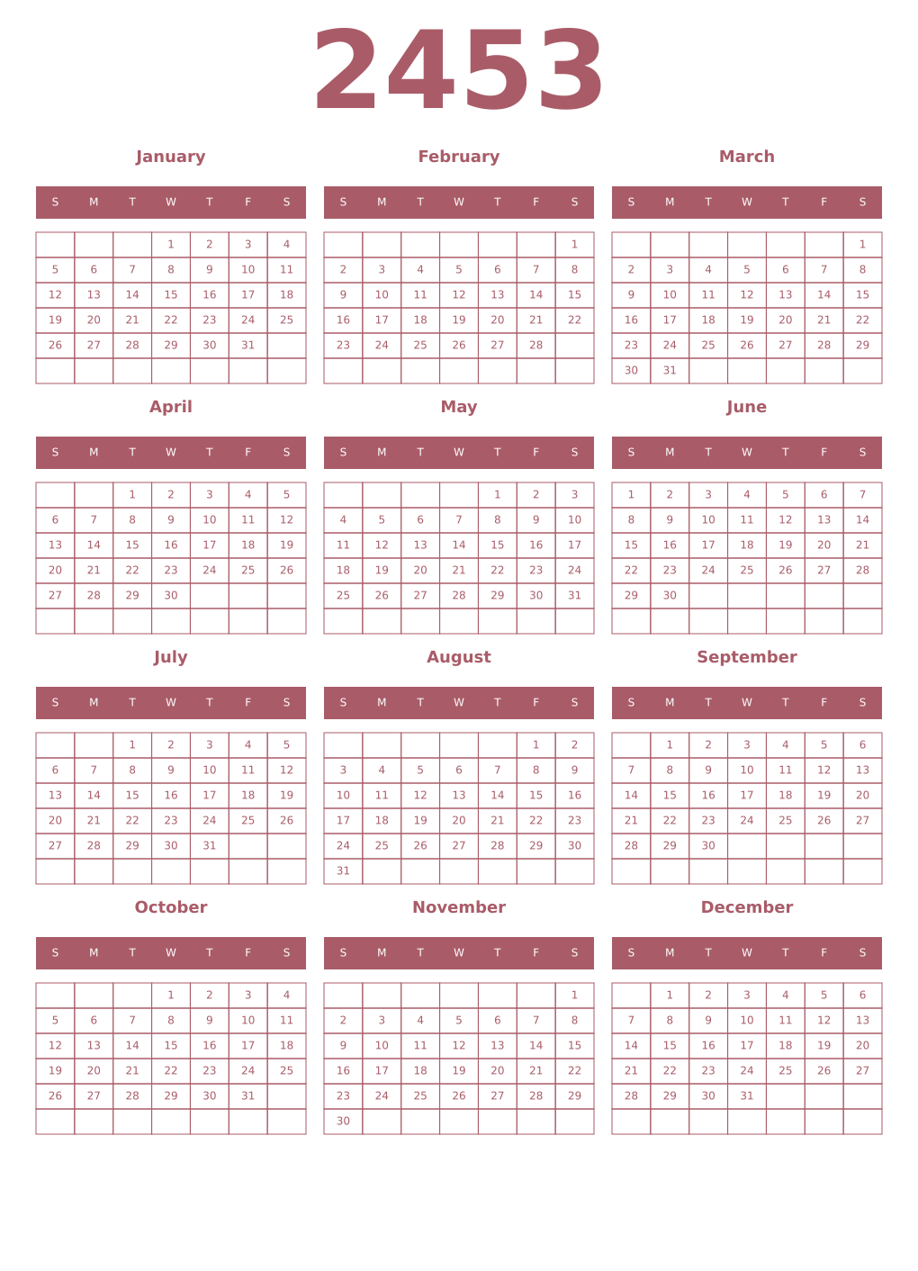 Printable 2453 Year Calendars puce