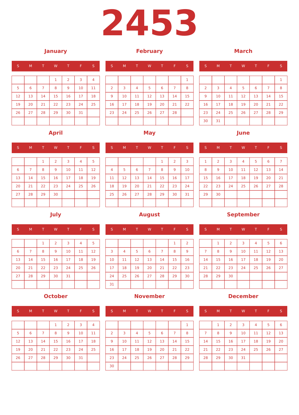 Printable 2453 Year Calendars red