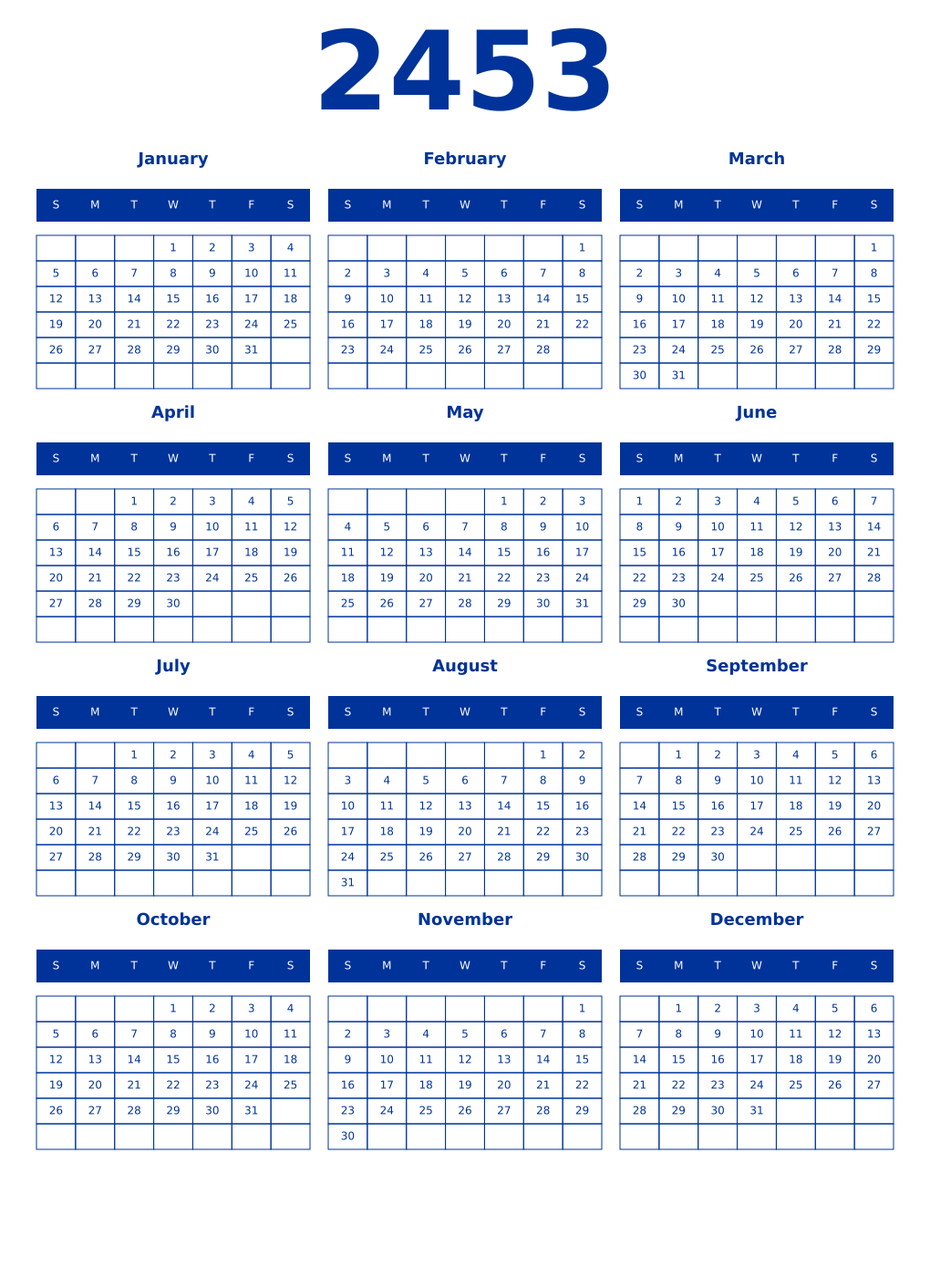 Printable 2453 Year Calendars smalt