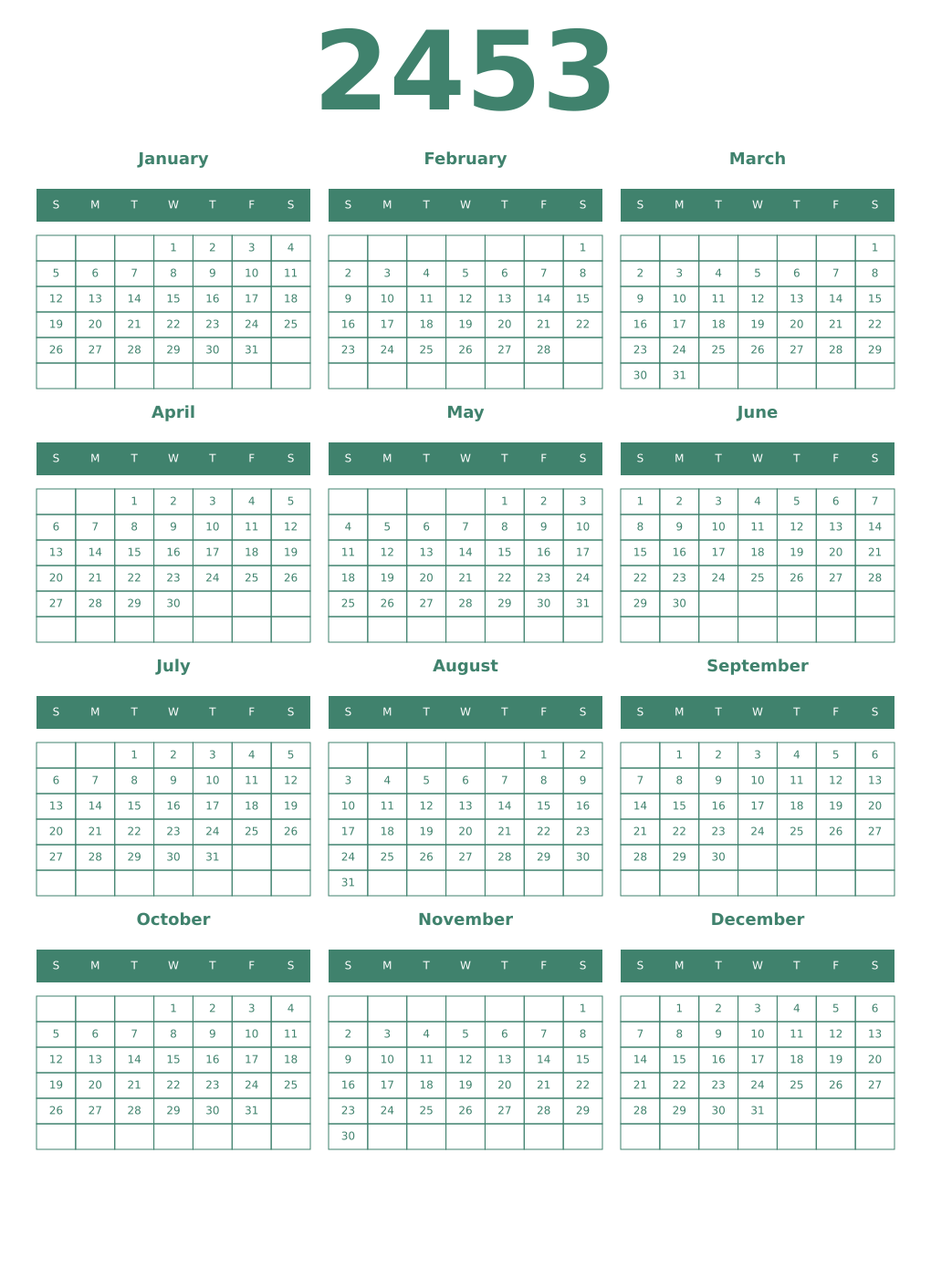 Printable 2453 Year Calendars viridian