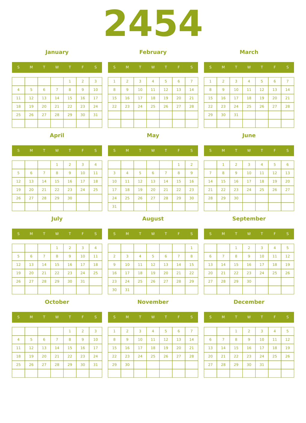 Printable 2454 Year Calendars chartreuse