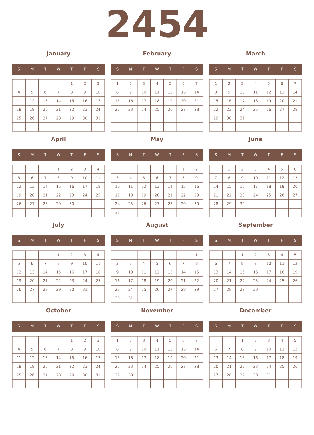 Printable 2454 Year Calendars coffe