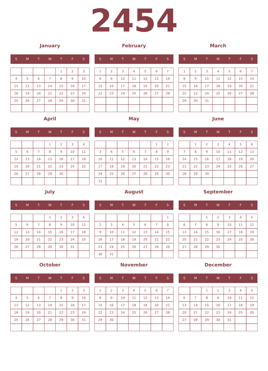 Printable 2454 Year Calendars cordovan
