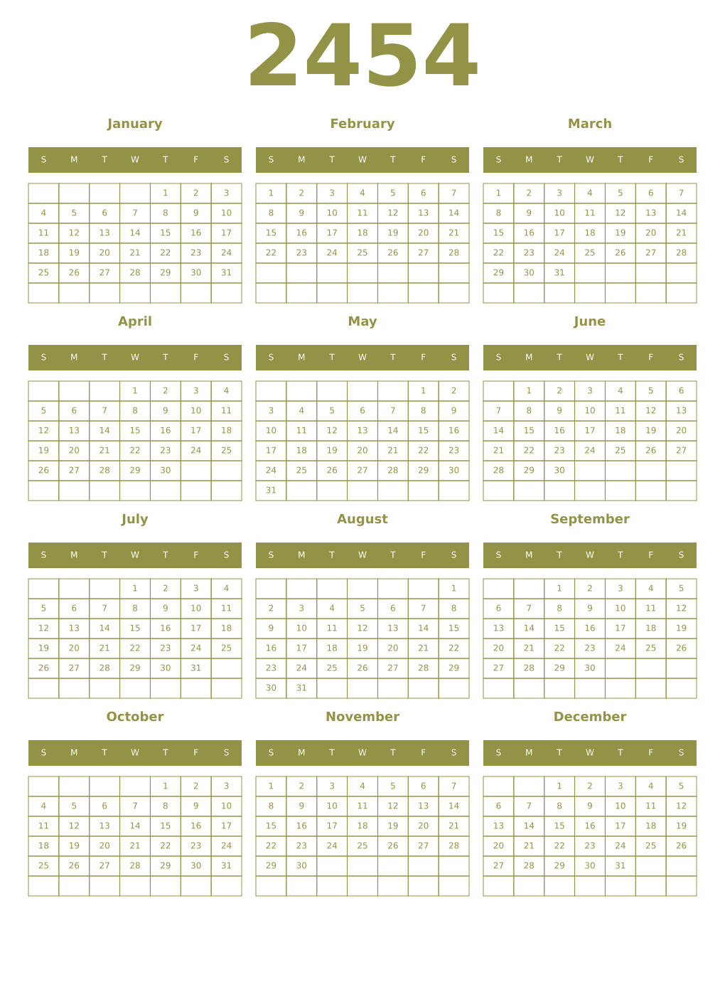 Printable 2454 Year Calendars eburnean