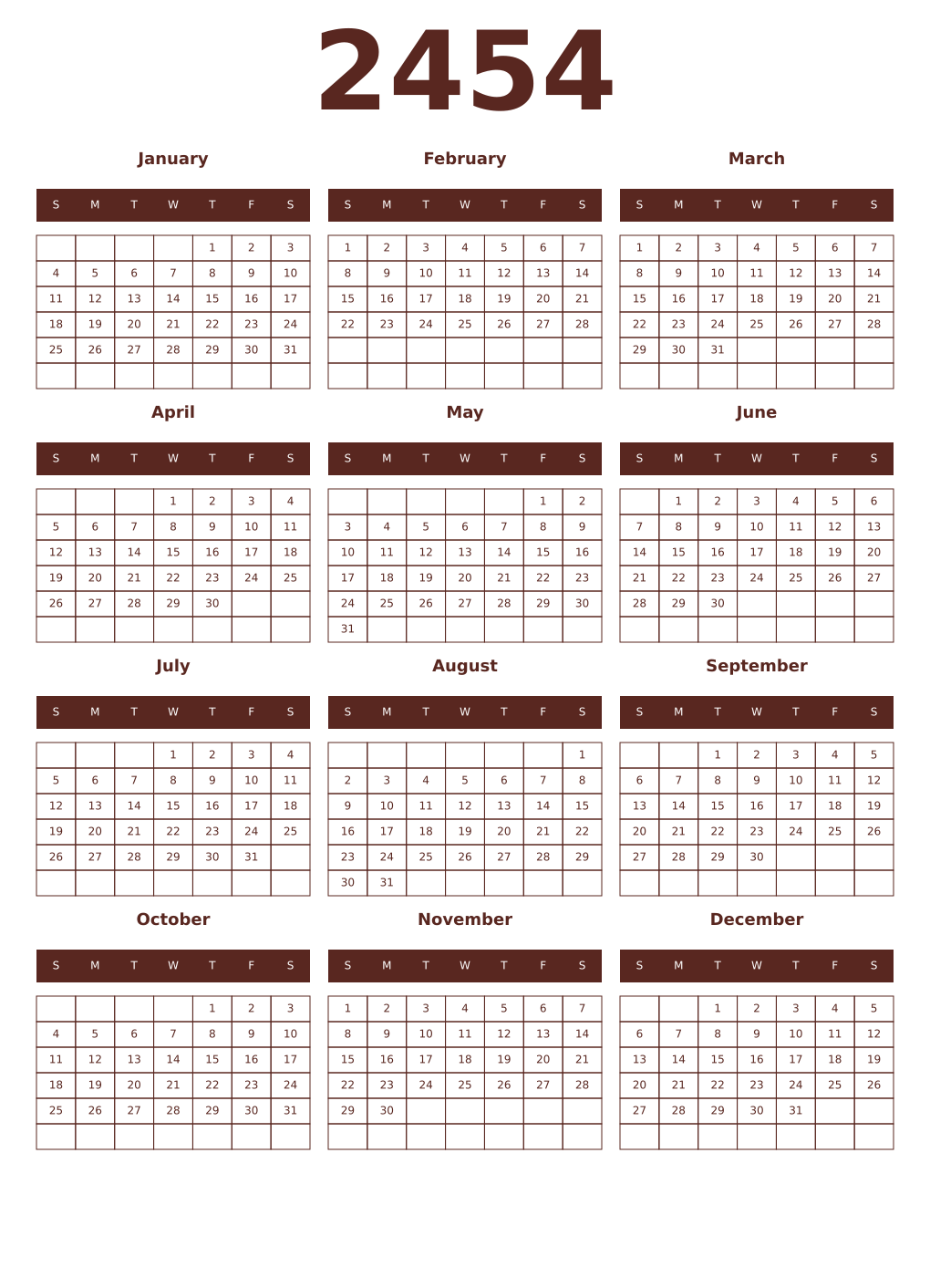 Printable 2454 Year Calendars mortuum