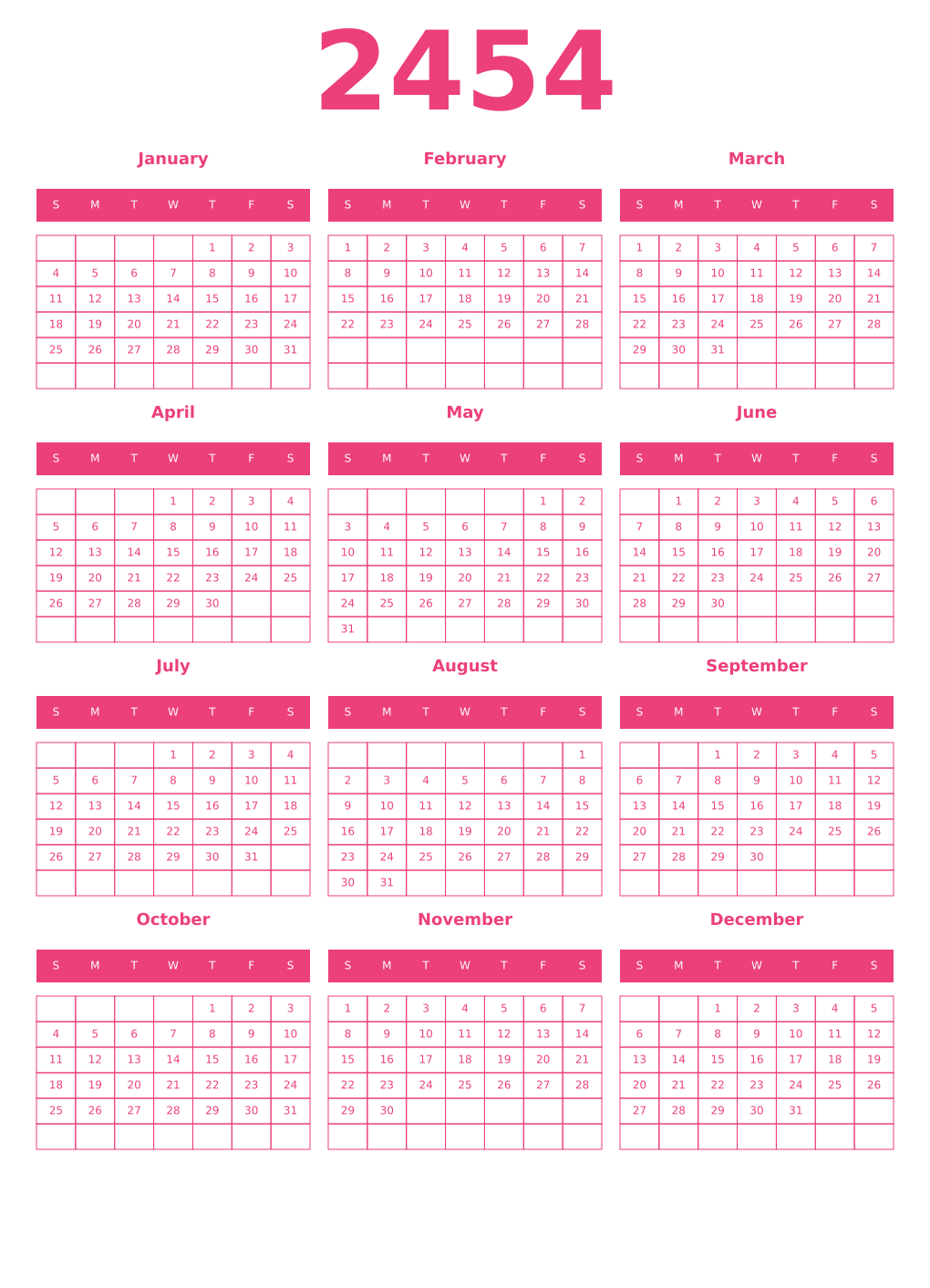 Printable 2454 Year Calendars pink