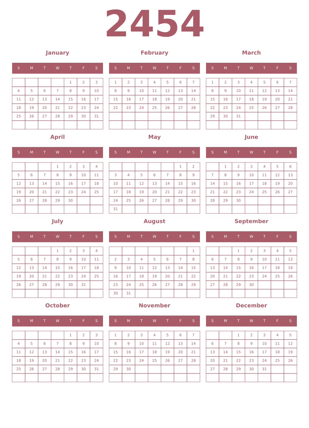 Printable 2454 Year Calendars puce