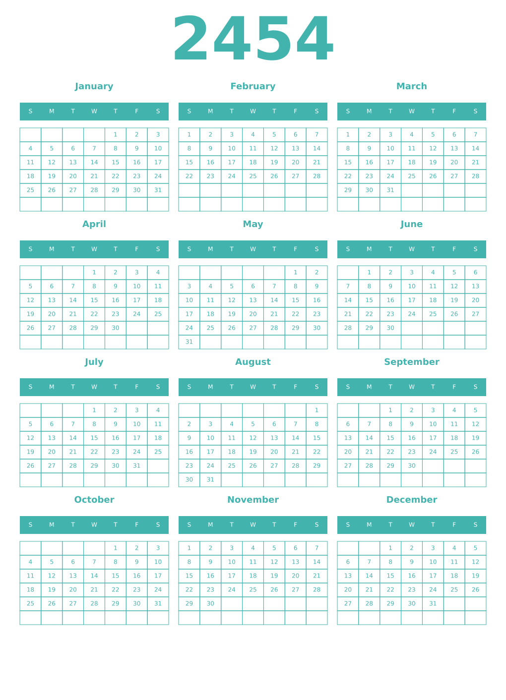 Printable 2454 Year Calendars verdigris