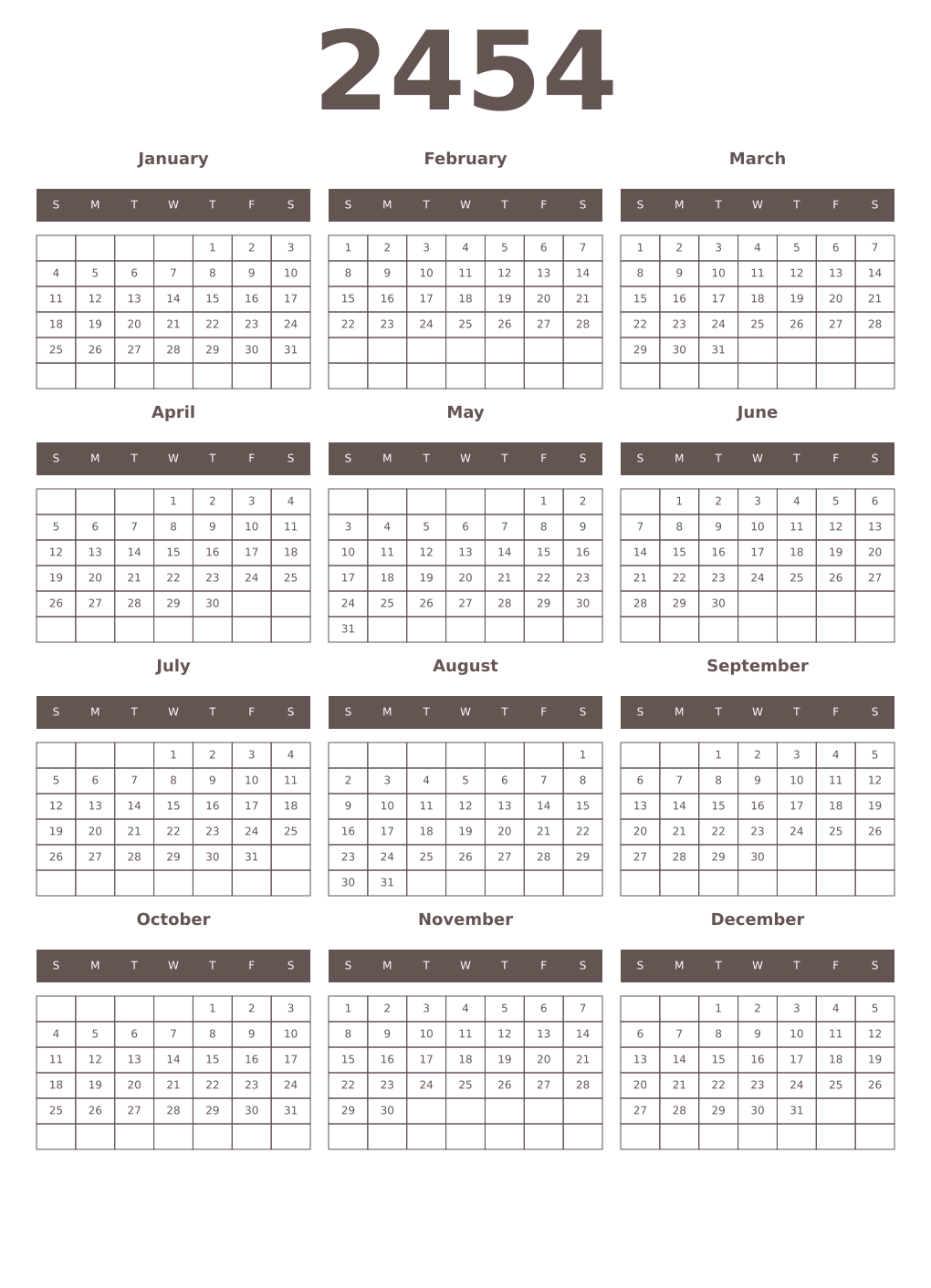 Printable 2454 Year Calendars wenge
