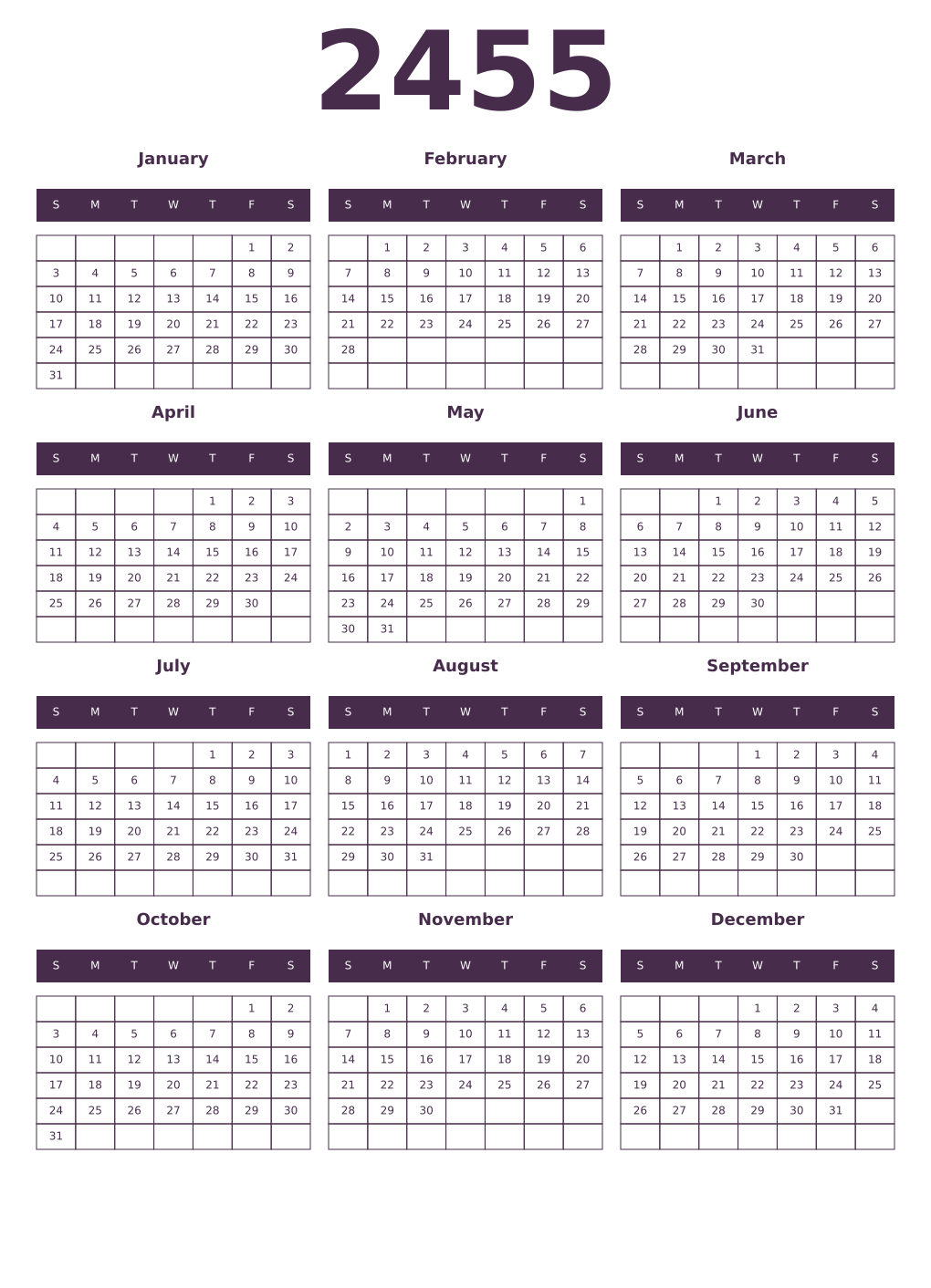 Printable 2455 Year Calendars aubergine