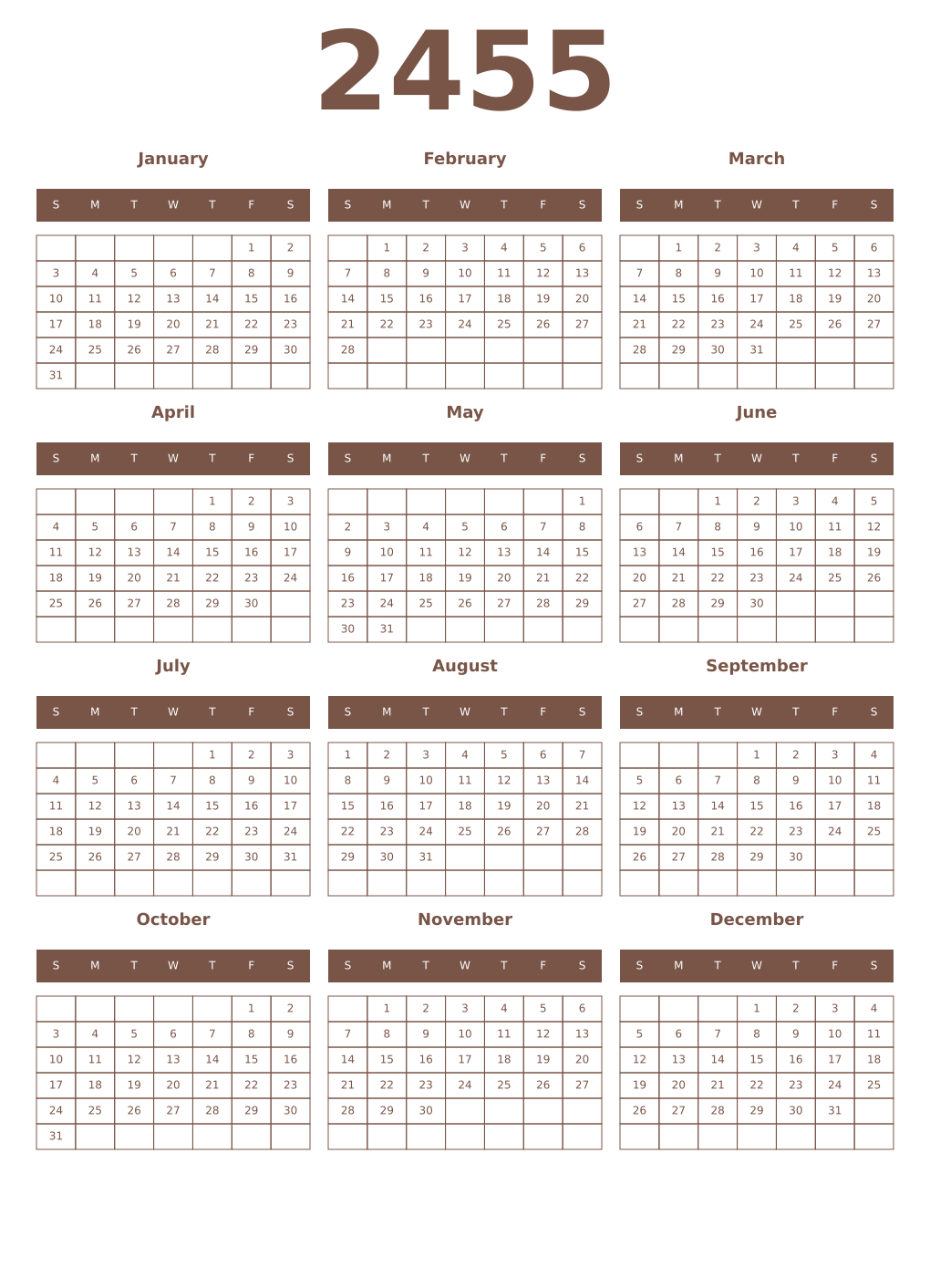 Printable 2455 Year Calendars coffe