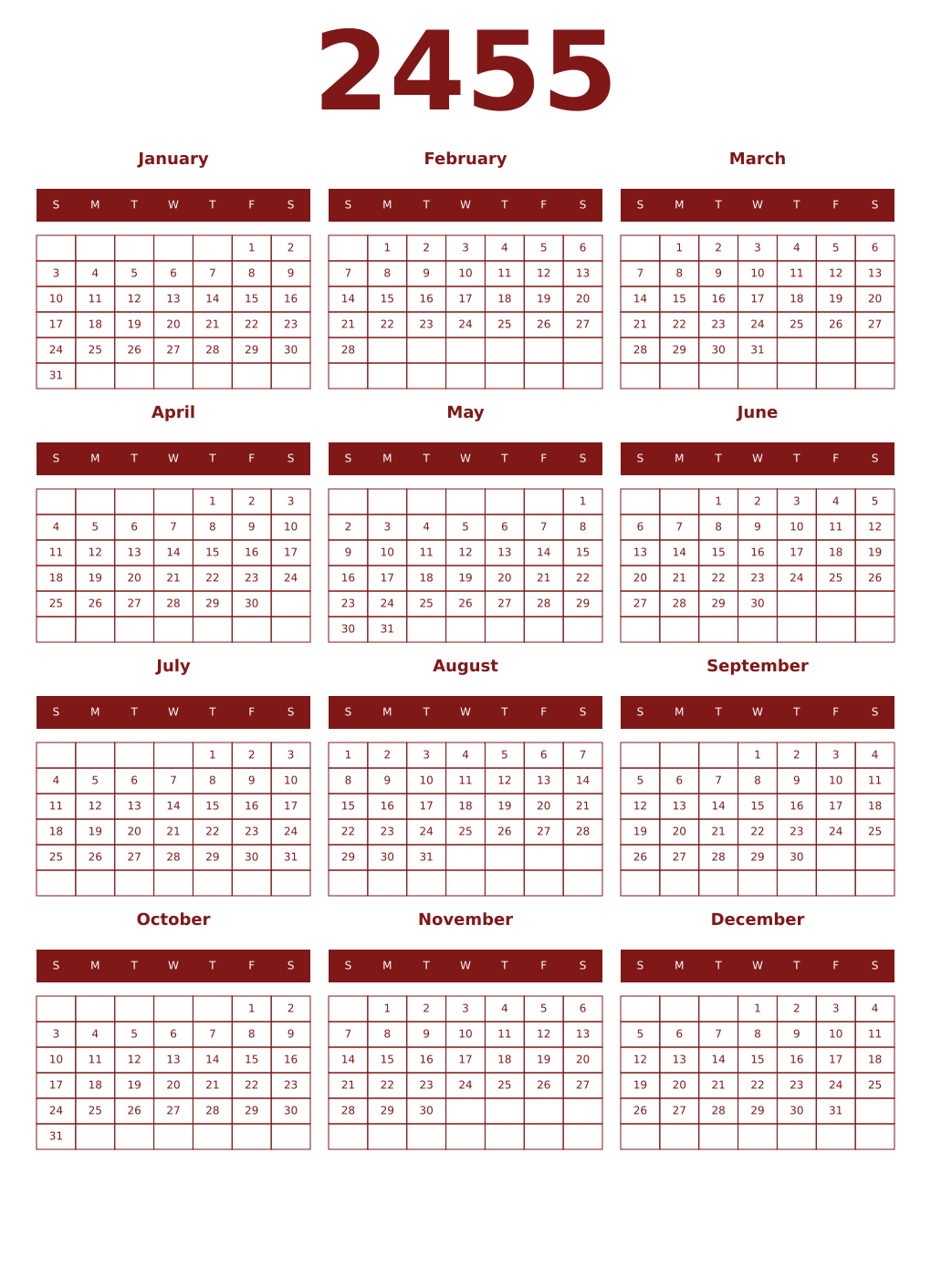 Printable 2455 Year Calendars falu