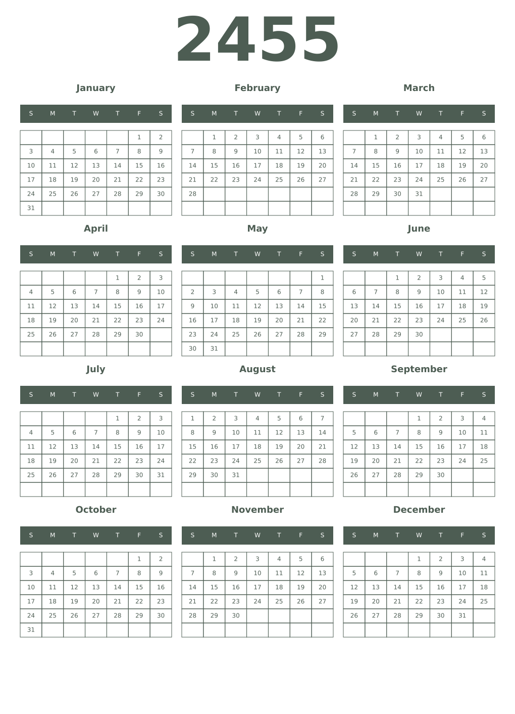 Printable 2455 Year Calendars feldgrau